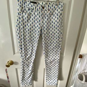 JCrew Toothpick white jeans w/ blue floral pattern